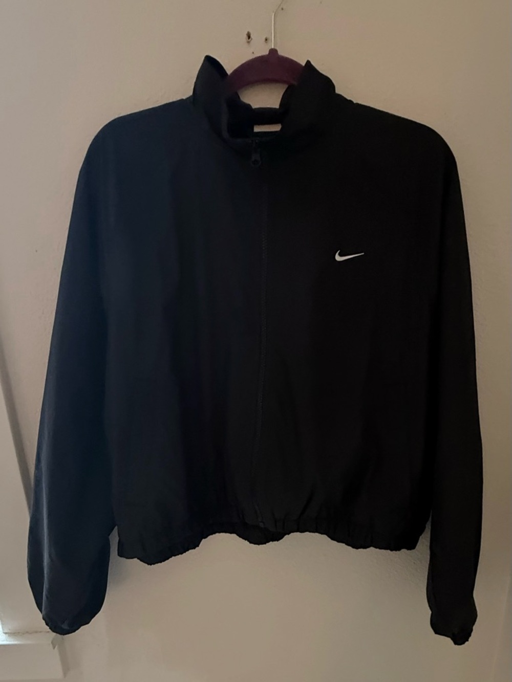 Nike Black Zip-Front Windbreaker Jacket with White Swoosh oversized short